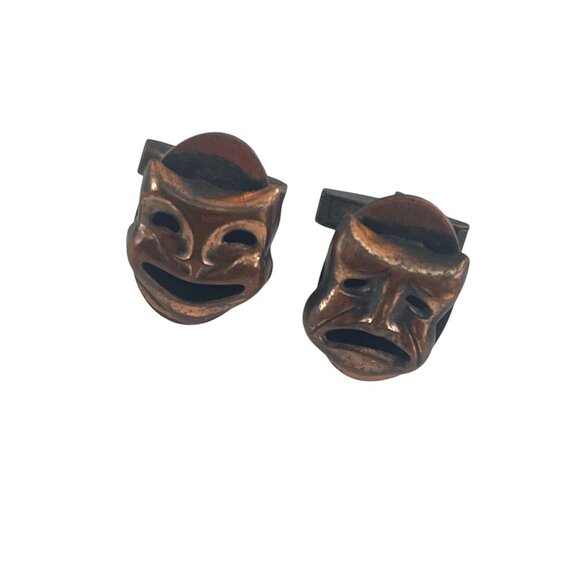 Vintage Copper Comedy & Tragedy Theater Mask Cufflinks 1'' Mens Jewelry - Picture 1 of 6